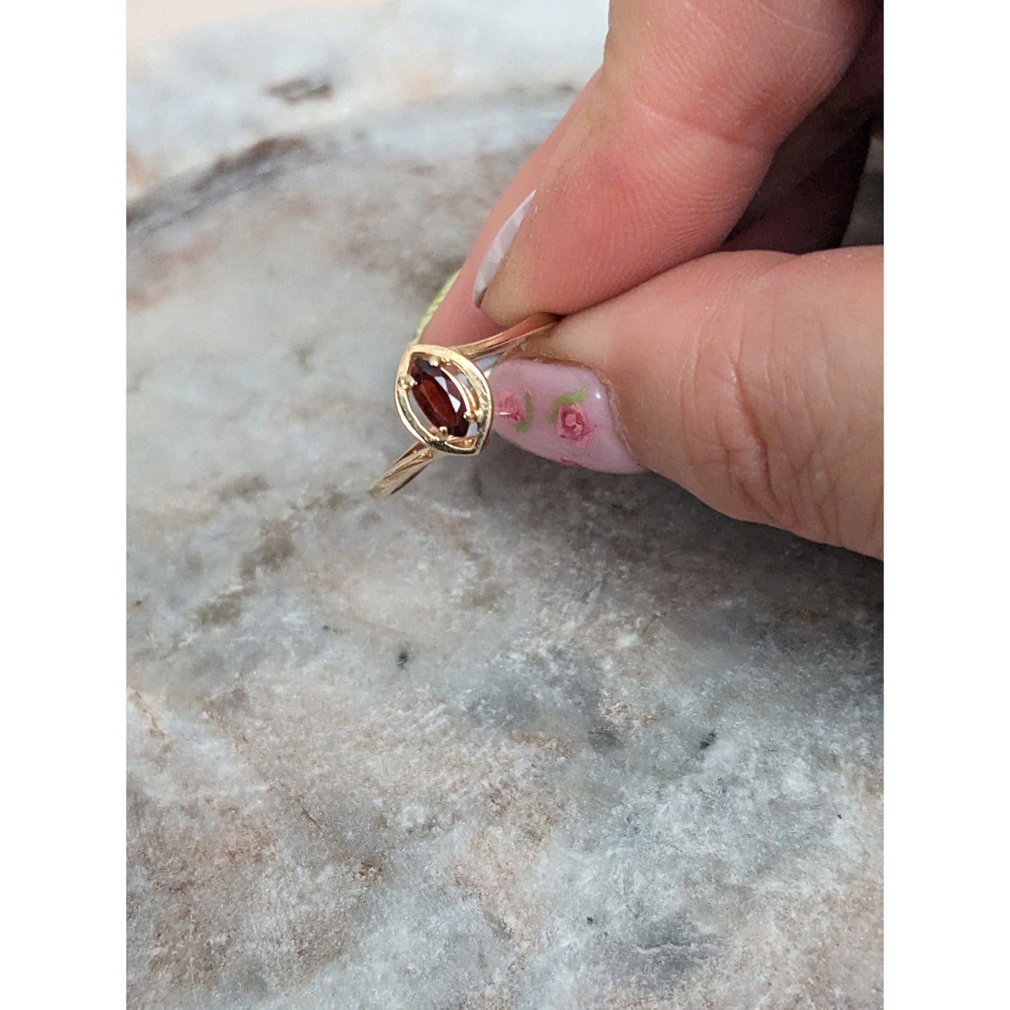 Vintage 14k Yellow Gold Ring with Marquise Red Stone Size 6.5