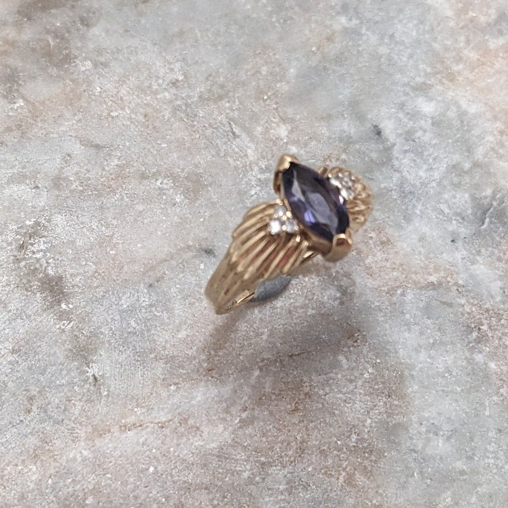 Vintage 10k Yellow Gold Iolite and Diamond Accents Ring Size 6