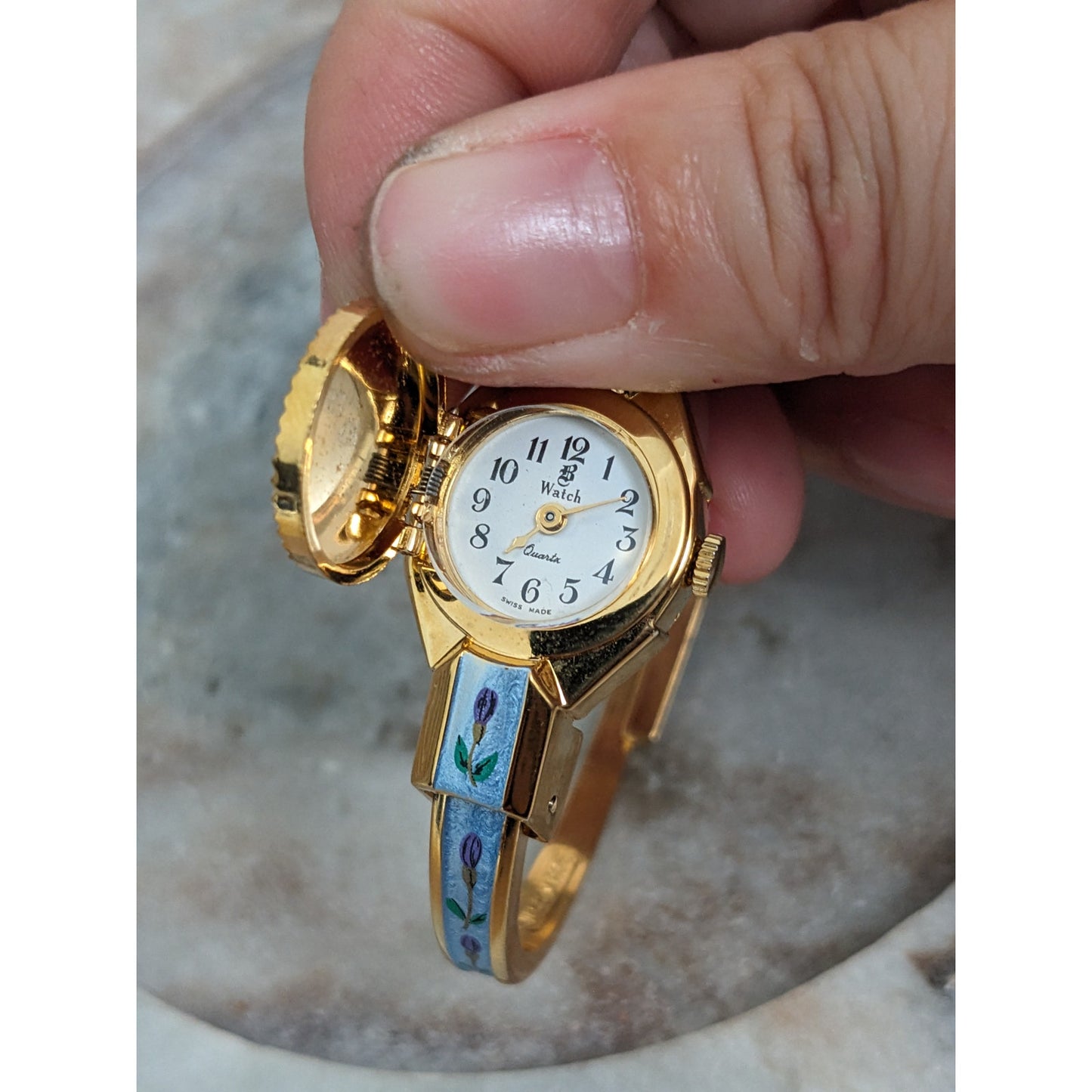 Vintage Andre Mouche Silver Tone Bangle Watch with Blue Floral Enamel Working