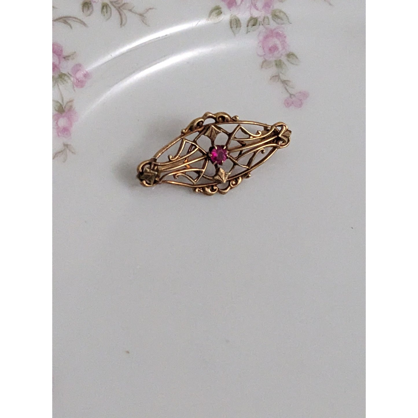 Antique 14k Gold Mini Dainty Pink Glass Victorian Flower Brooch