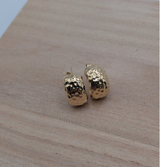 Estate 14k Yellow Gold Hammered Half Hoop Post Back Earrings