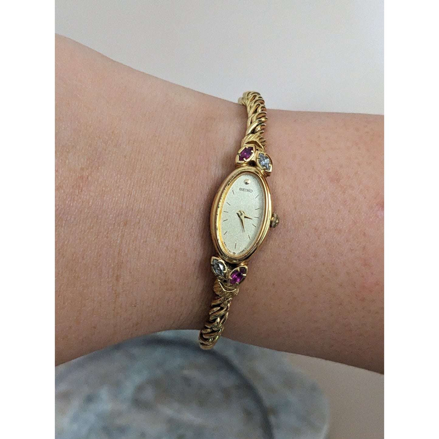 Vintage Andre Mouche Silver Tone Bangle Watch with Blue Floral Enamel Working