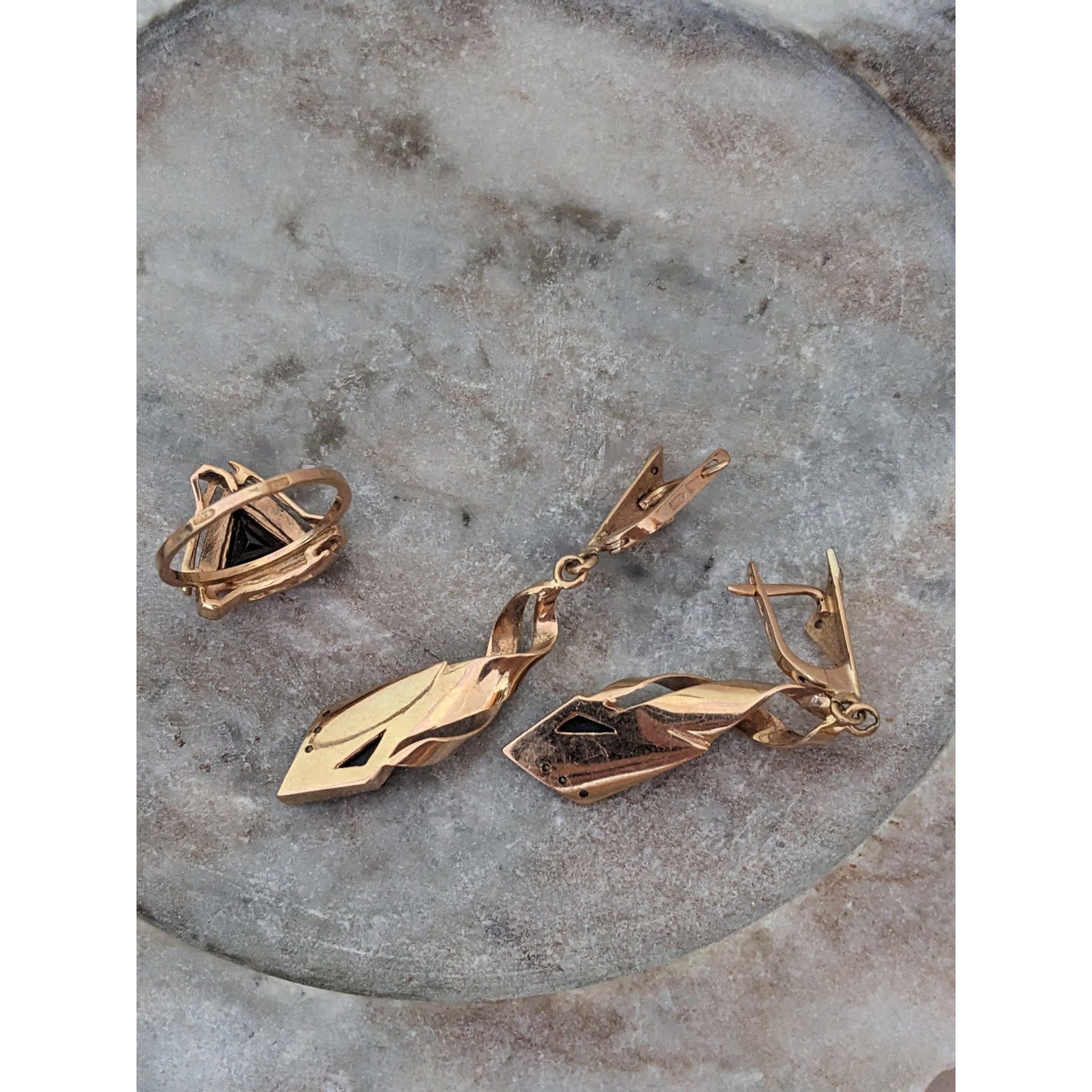 Vintage 1990s USSR 14k Gold Earring and Ring Size 7 Set Onyx and Diamonds