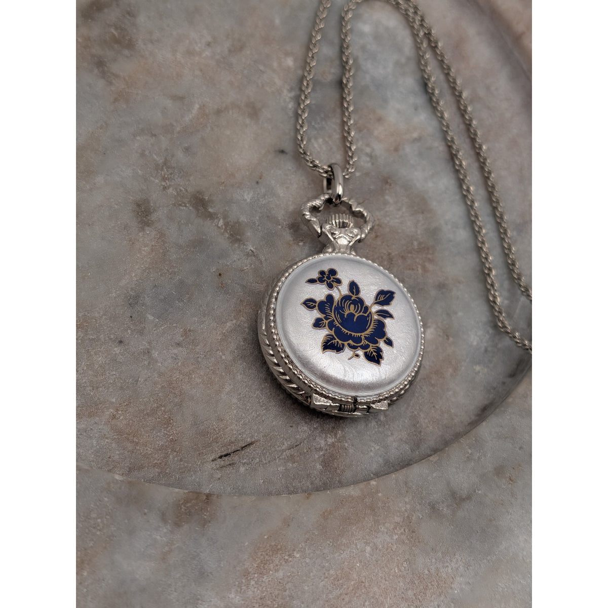 Vintage Andre Mouche Silver Tone Pendant Watch Necklace Grey Enamel Blue Flowers