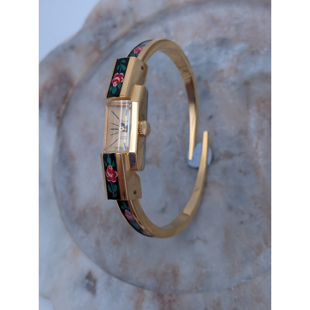 Vintage Chandler MANUAL Gold Tone Peekaboo Watch Black Enamel Red Flowers Dainty