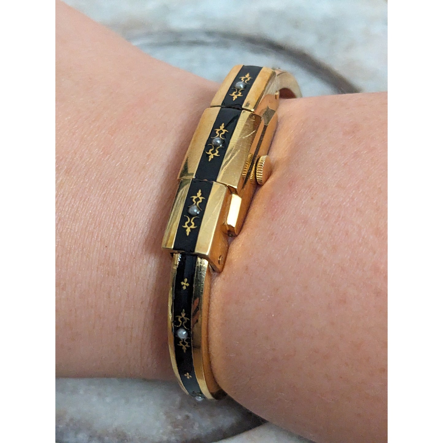 Vintage Andre Mouche Silver Tone Bangle Watch with Blue Floral Enamel Working