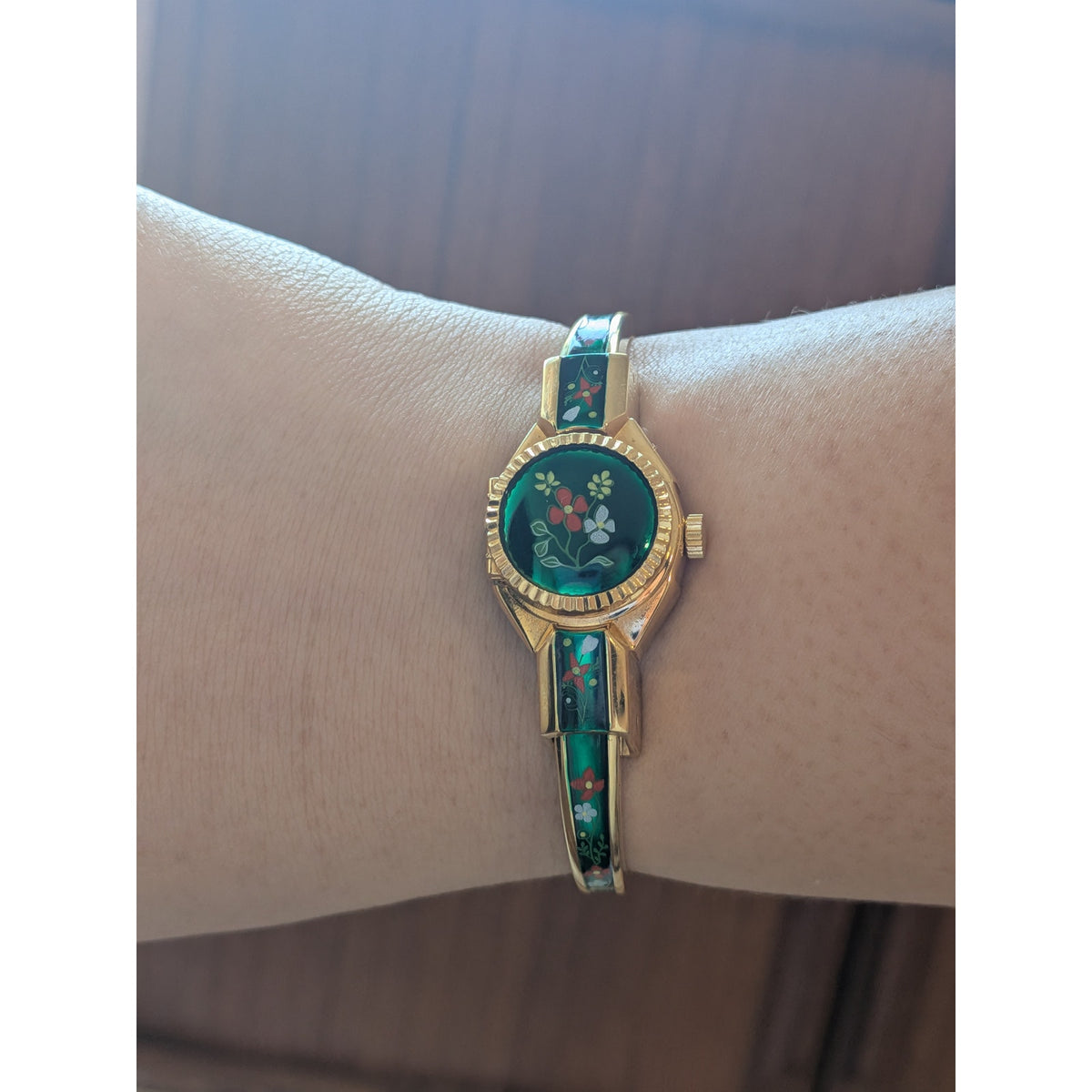 Vintage R Miller Gold Tone Peekaboo Watch Green Enamel Red and Blue Flowers