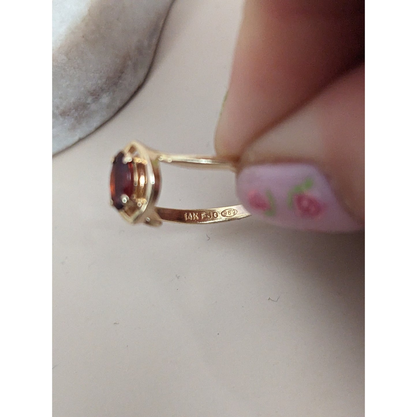 Vintage 14k Yellow Gold Ring with Marquise Red Stone Size 6.5