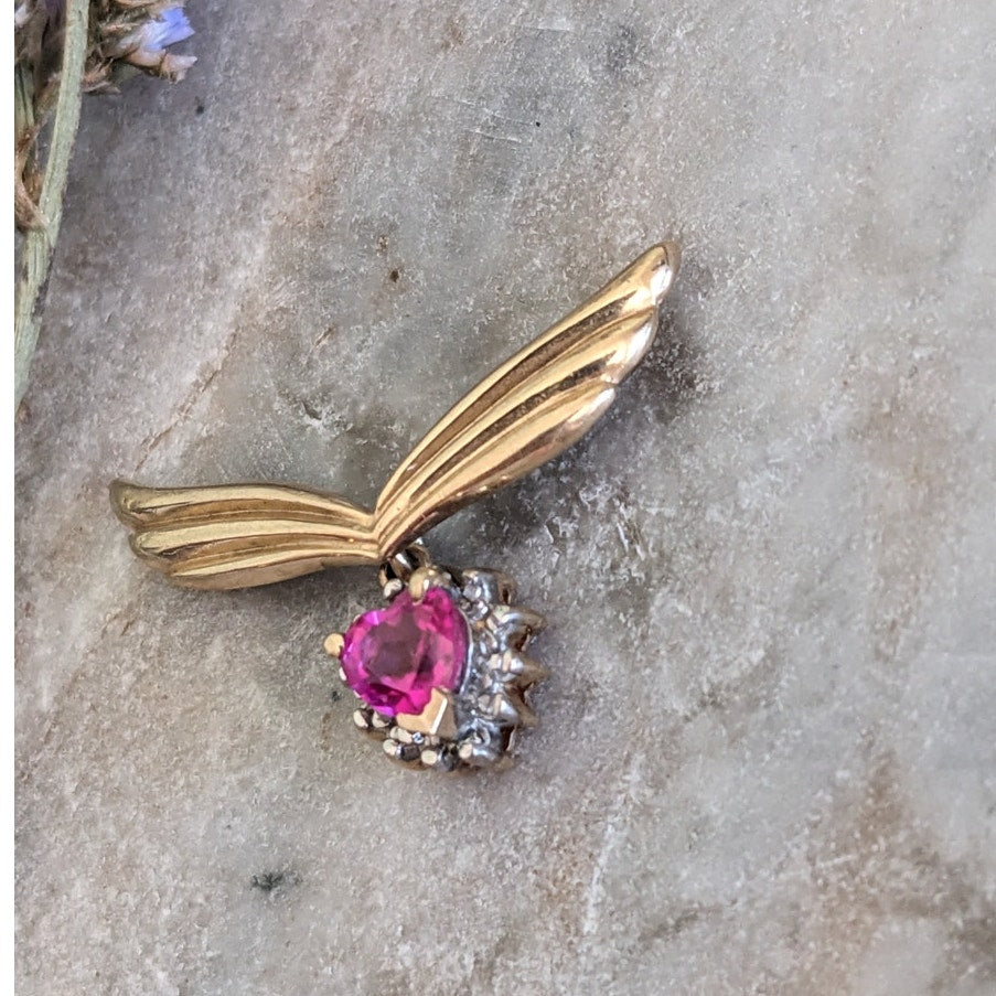 Vintage 10k Yellow Gold Heart Gem with Wings Pendant