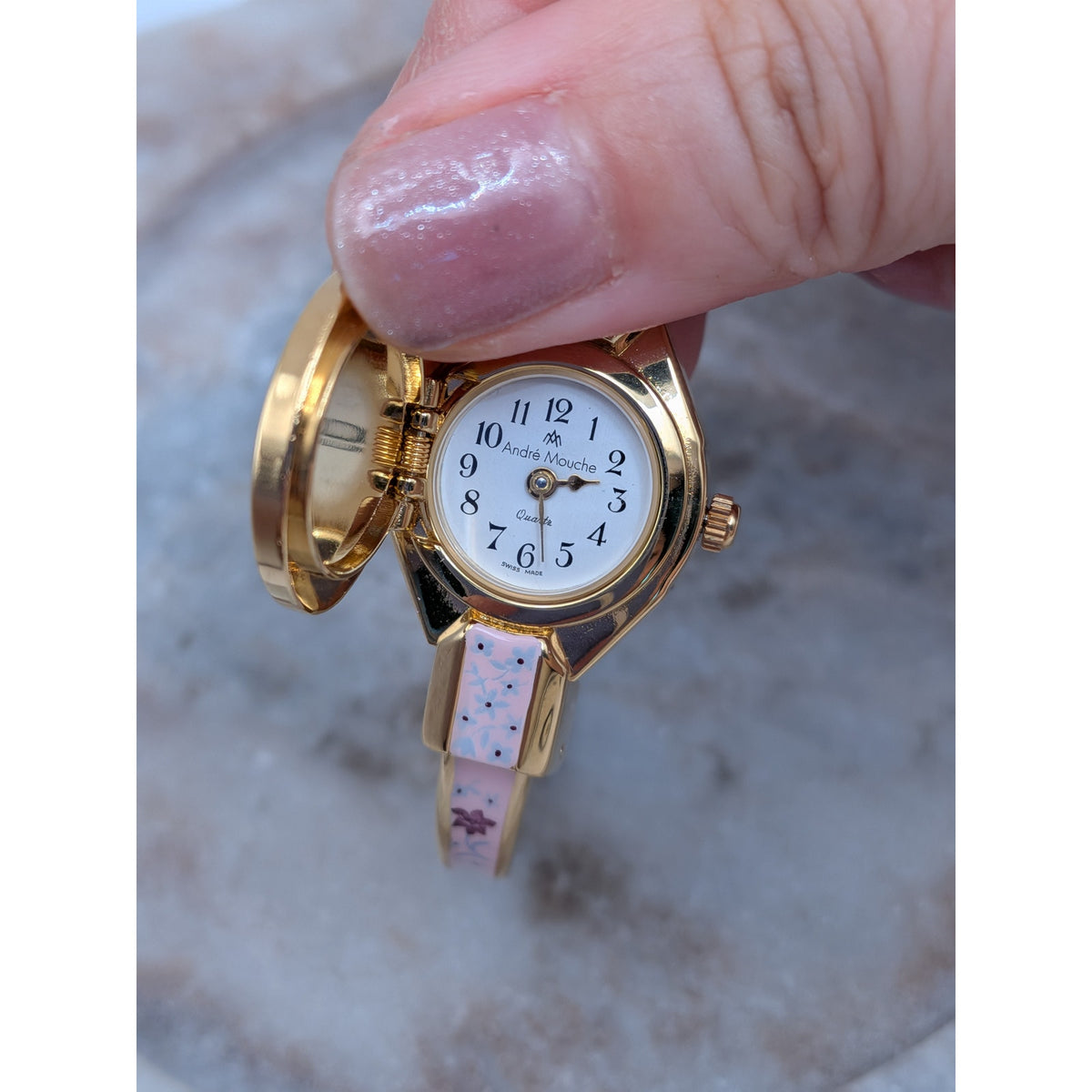 Preowned Andre Mouche Gold Tone Peekaboo Watch Pink Enamel Purple Flowers