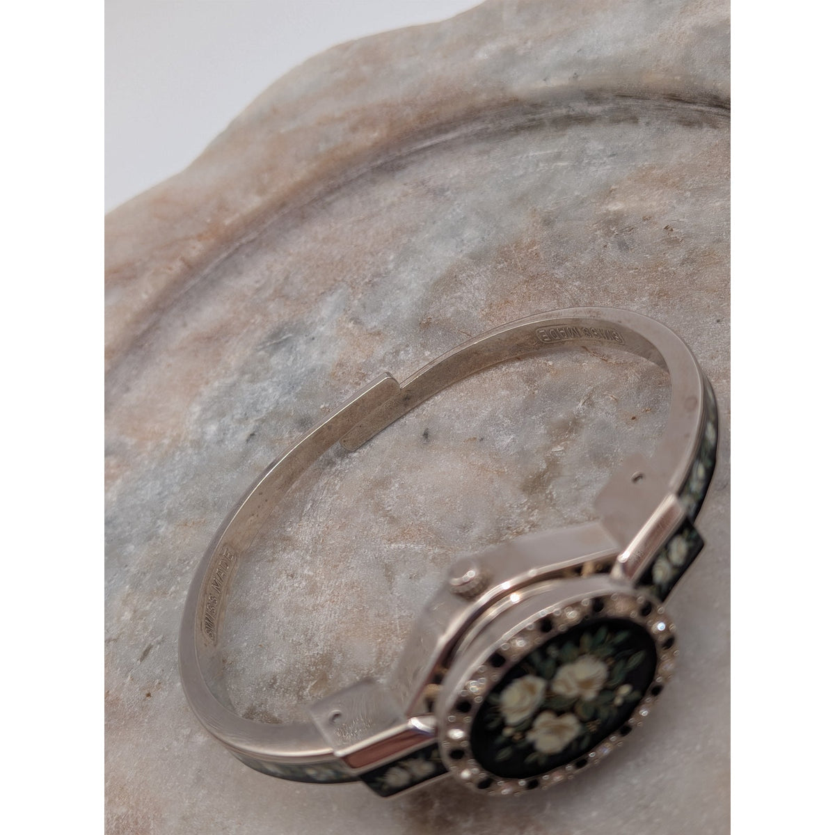 Andre Mouche Silver Tone Bangle Peekaboo Watch Black Enamel White Roses & Stones