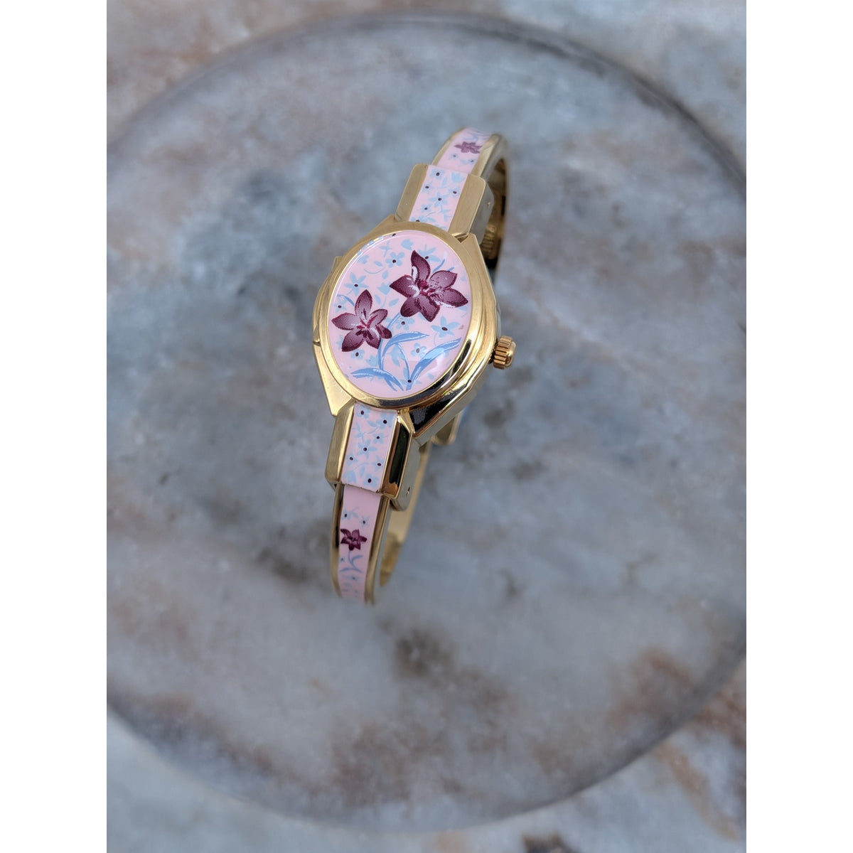 Preowned Andre Mouche Gold Tone Peekaboo Watch Pink Enamel Purple Flowers