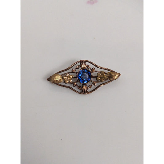 Antique 10k Rose and Yellow Gold Floral Brooch with Blue Gem