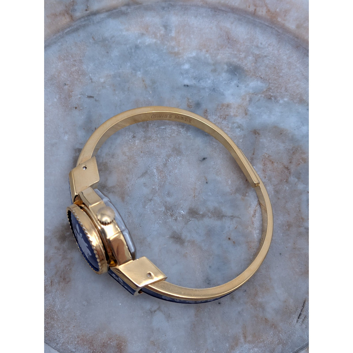 Vintage Andre Mouche Gold Tone Peekaboo Watch Dark Blue Enamel White Flowers