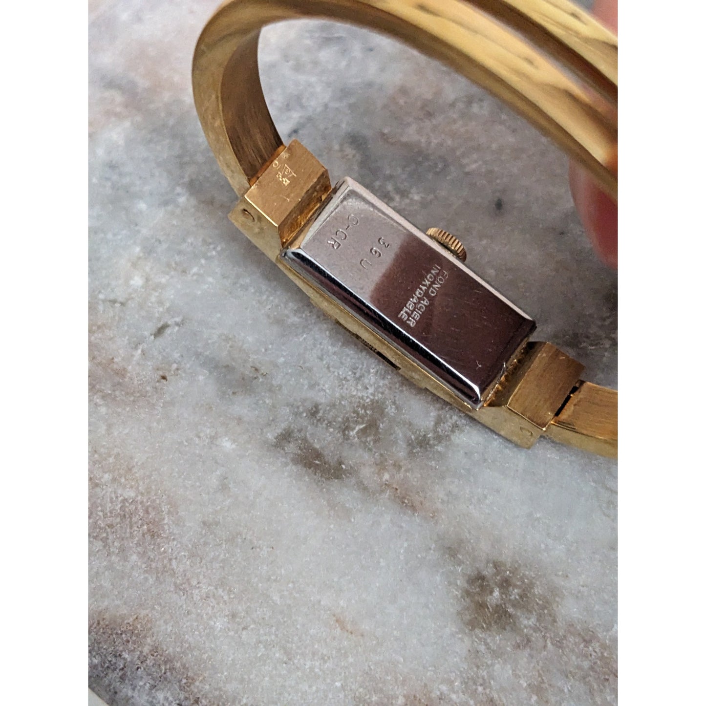 Vintage Andre Mouche Silver Tone Bangle Watch with Blue Floral Enamel Working