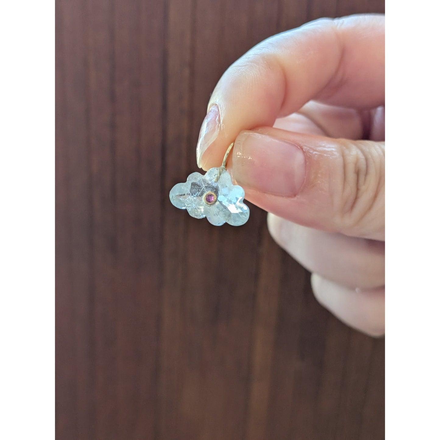 14K Gold Blue Topaz Cloud Pendant Natural Ruby Inlay Carved Gemstone