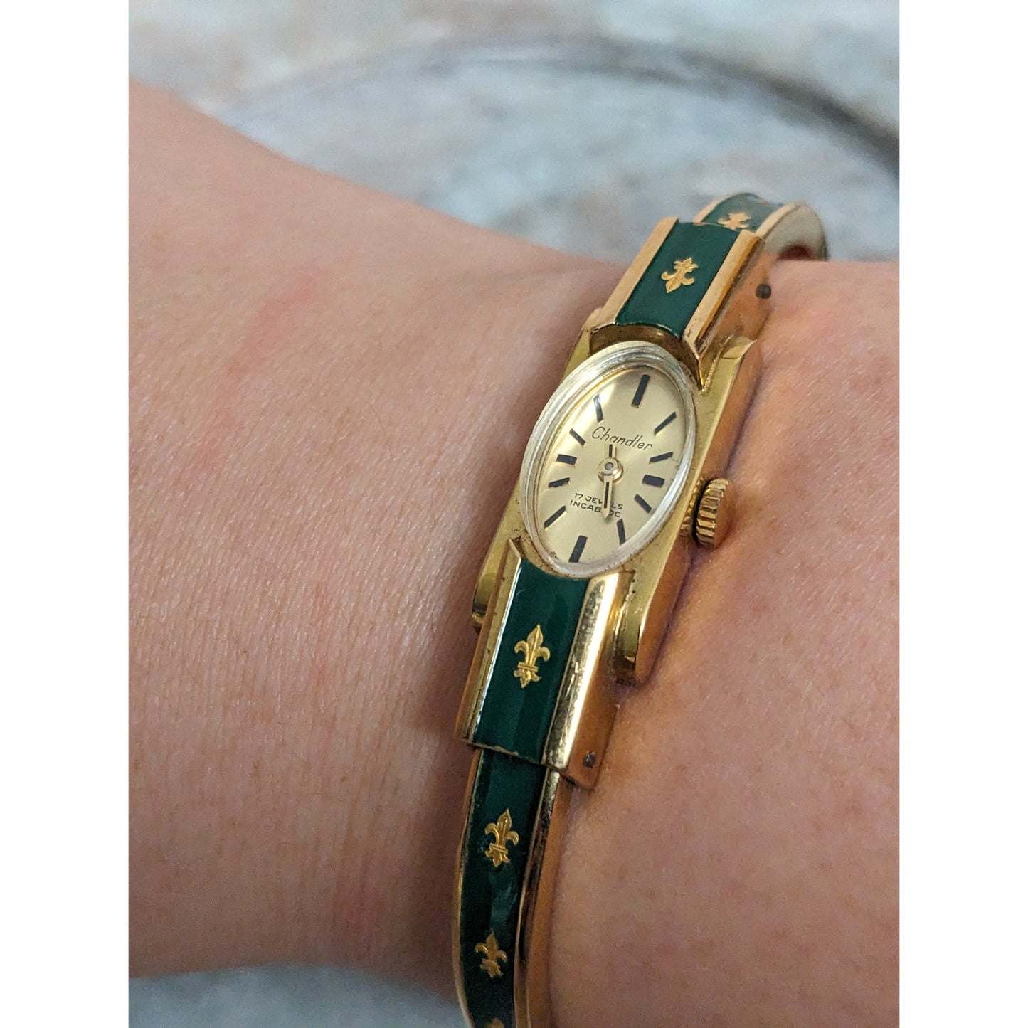 Vintage Andre Mouche Silver Tone Bangle Watch with Blue Floral Enamel Working