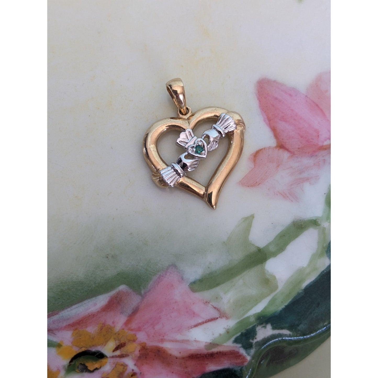 Vintage 14k Yellow and White Gold Claddagh Heart with Green Stone Pendant