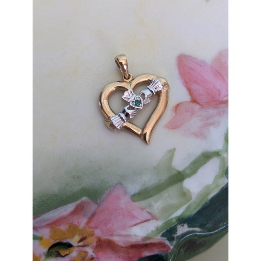 Vintage 14k Yellow and White Gold Claddagh Heart with Green Stone Pendant