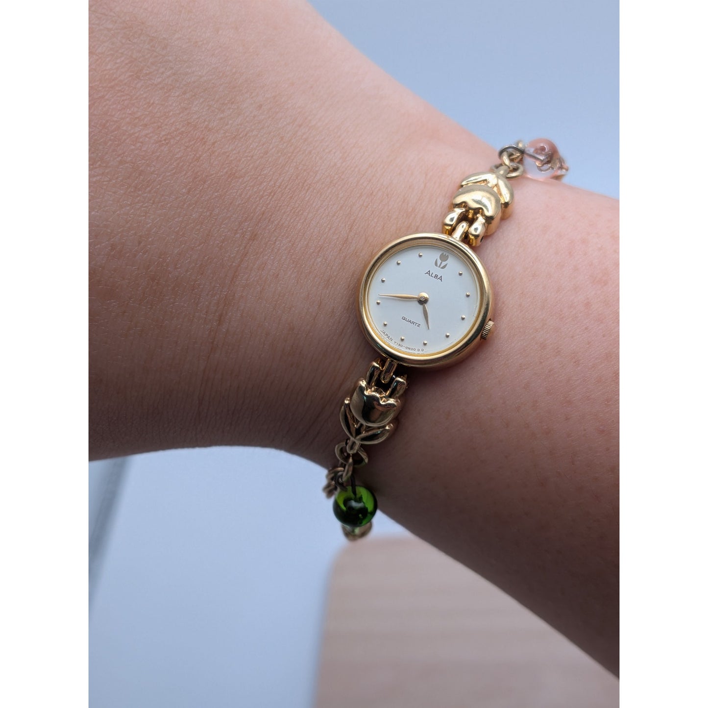 Vintage Modified Seiko Alba Gold Watch Flowers & Glass Drop Beads Charms