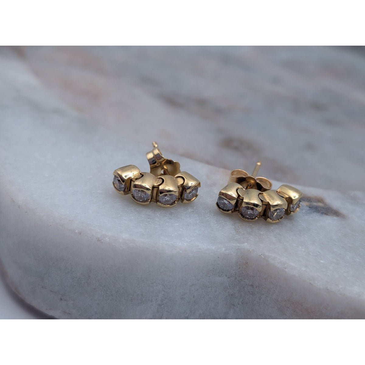 Vintage 18k Solid Yellow Gold Bubble Bezel Graduated Diamonds Push Back Earrings