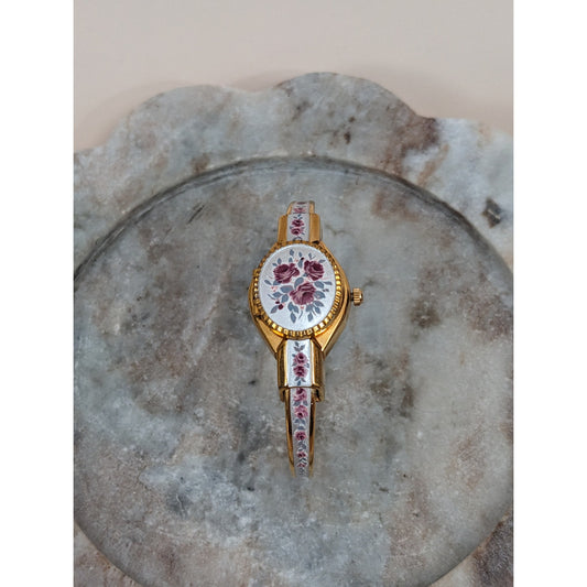 Vintage Andre Mouche Gold Tone Peekaboo Watch Grey Enamel Purple Flowers