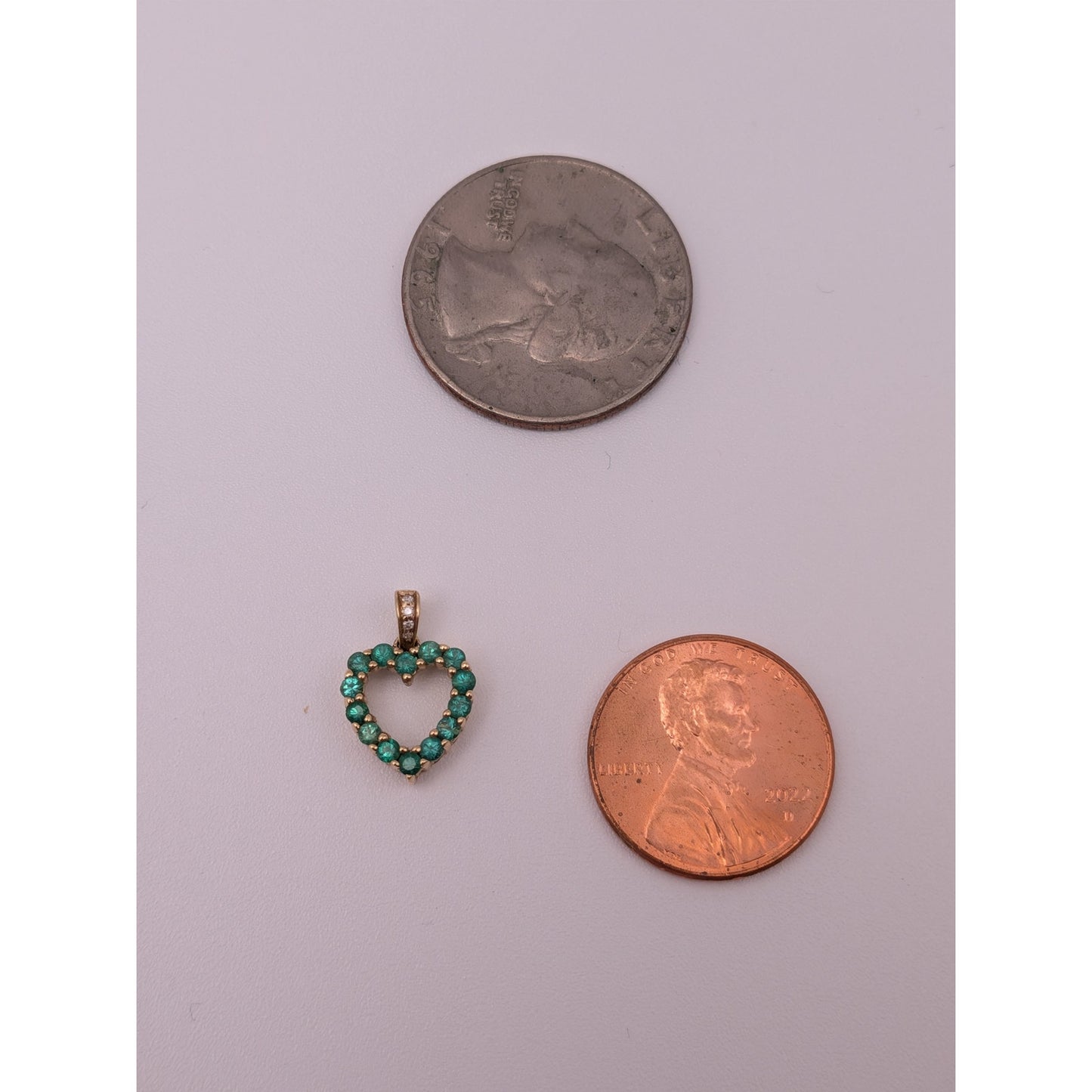 Estate 10k Yellow Gold Green and White Stone Mini Heart Pendant