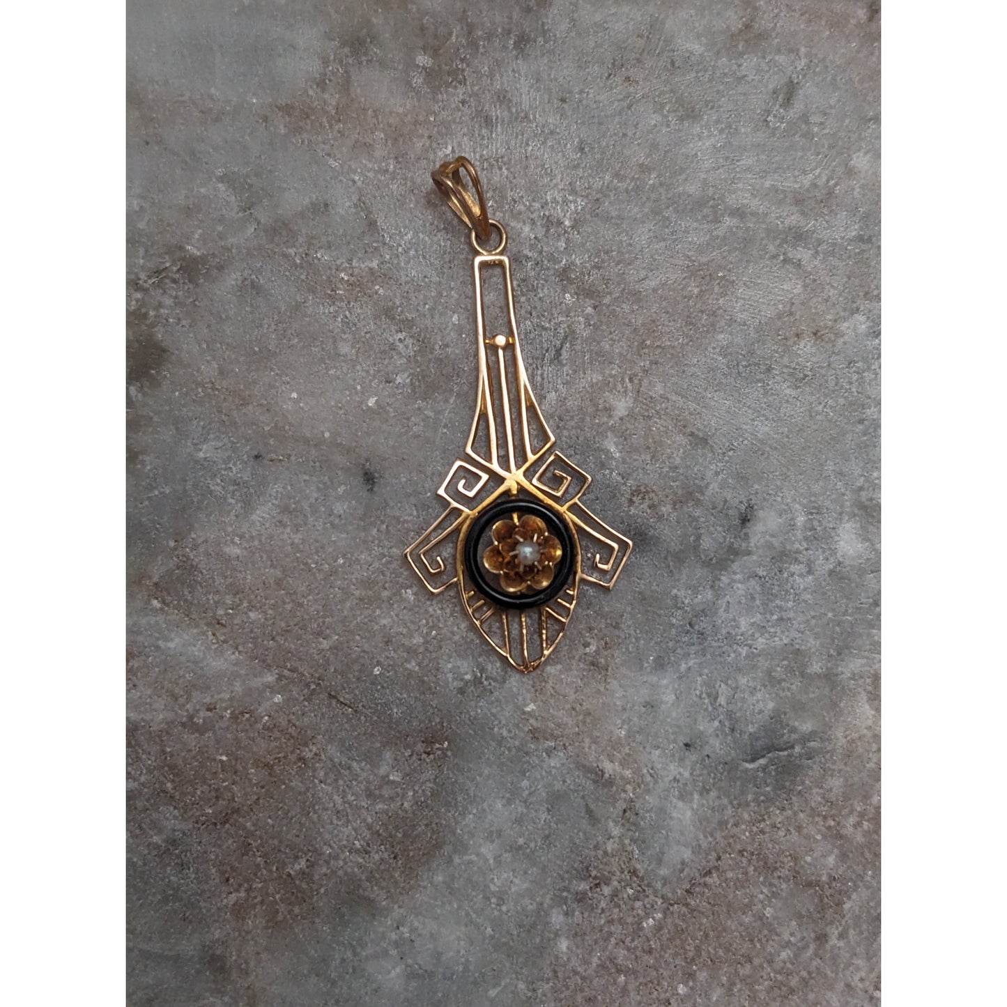 Vintage 10k Yellow Gold Pearl and Black Enamel Lavalier pendant
