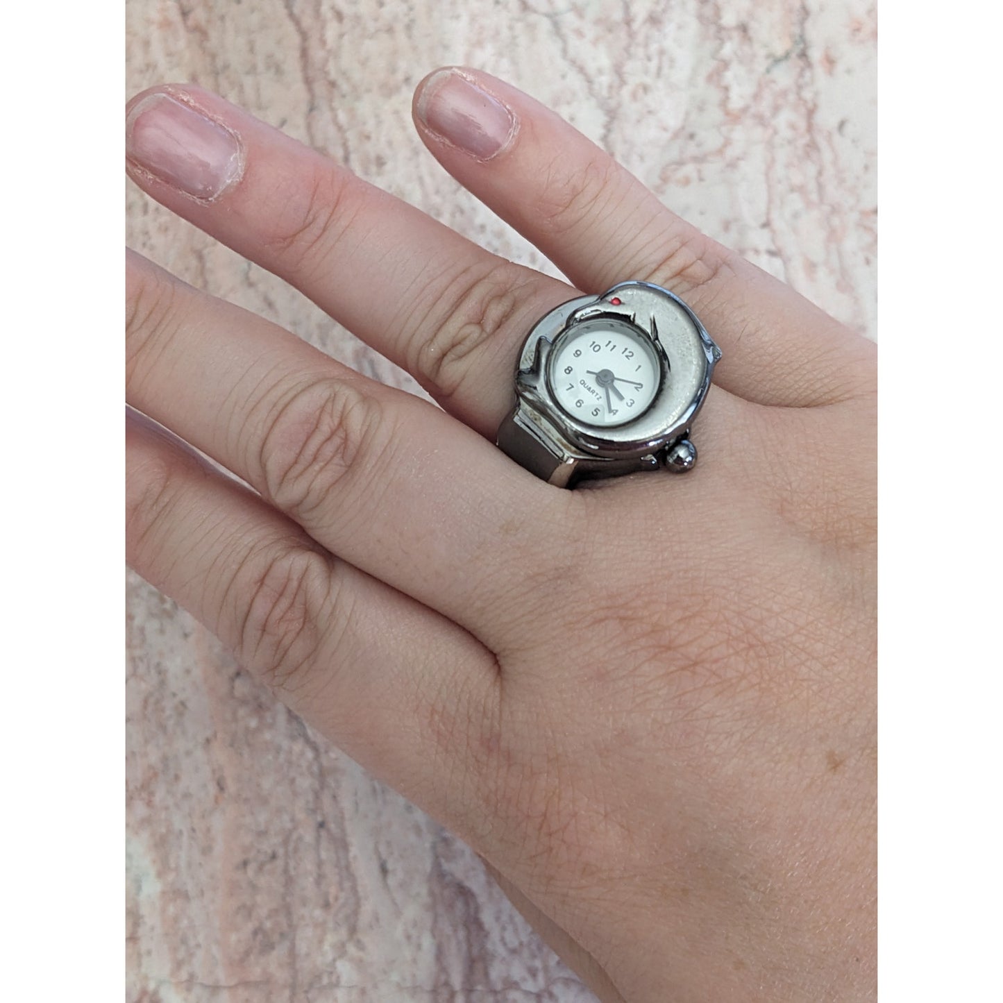 Preowned Patina Silver Tone Ring Watch with Dolphin Working