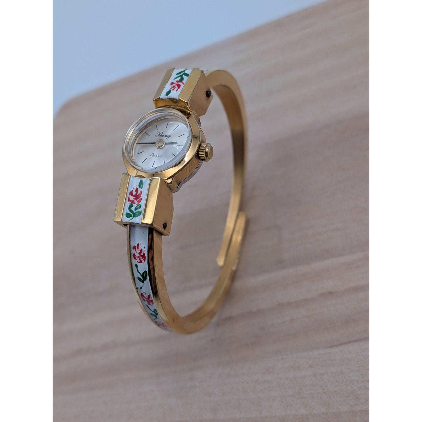 Vintage Berney Gold Tone Watch White Enamel with Red Flowers