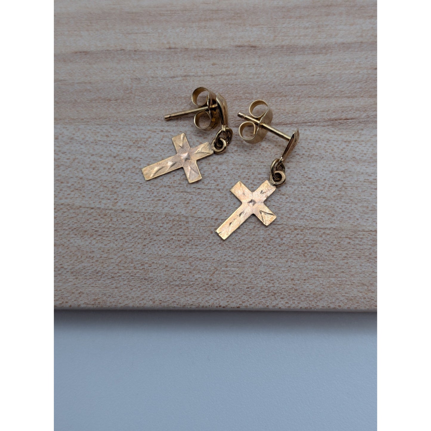 Vintage 14k Yellow Gold Dainty TINY Diamond Cut Cross Charm Earrings