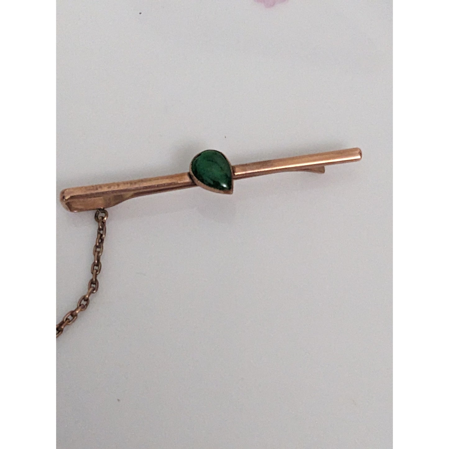 Vintage Unmarked 10k Rose Gold Tie Bar with Green Teardrop Gem