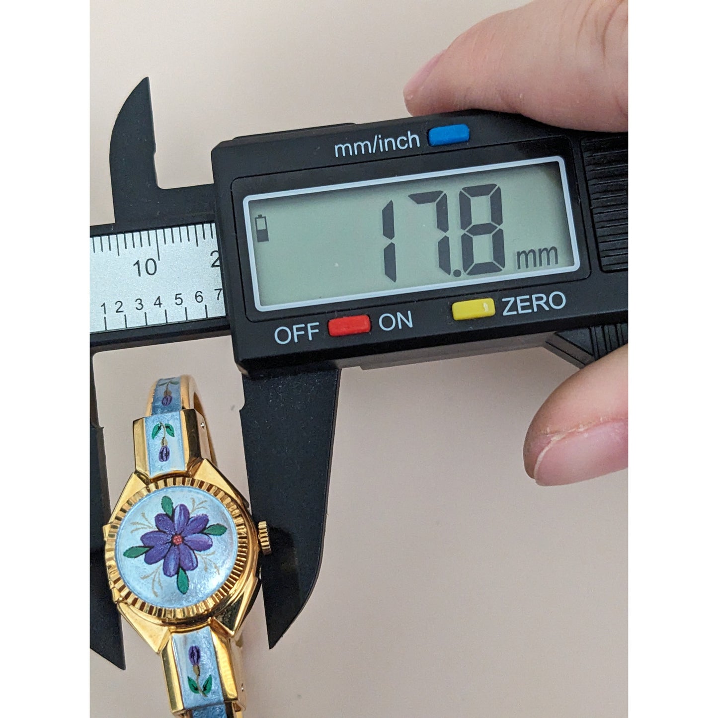 Vintage Andre Mouche Silver Tone Bangle Watch with Blue Floral Enamel Working