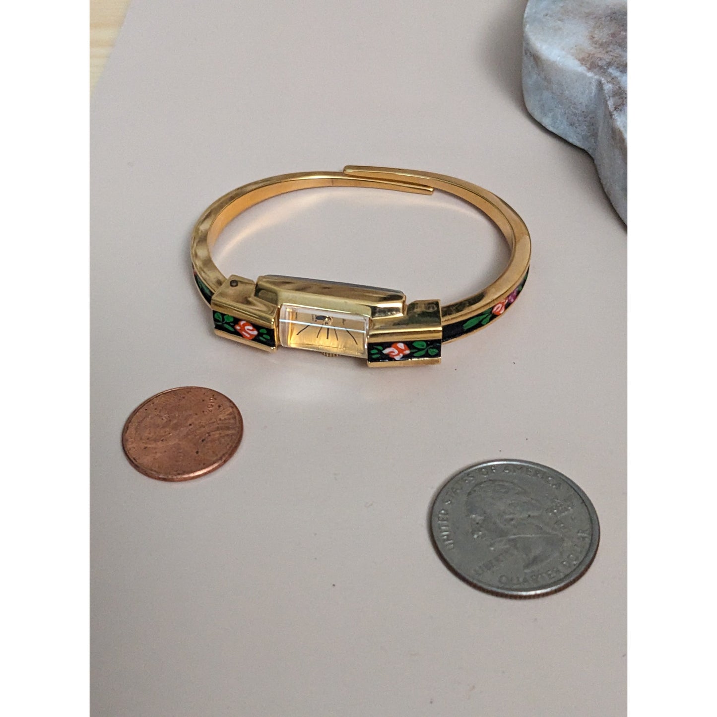 Vintage Andre Mouche Silver Tone Bangle Watch with Blue Floral Enamel Working