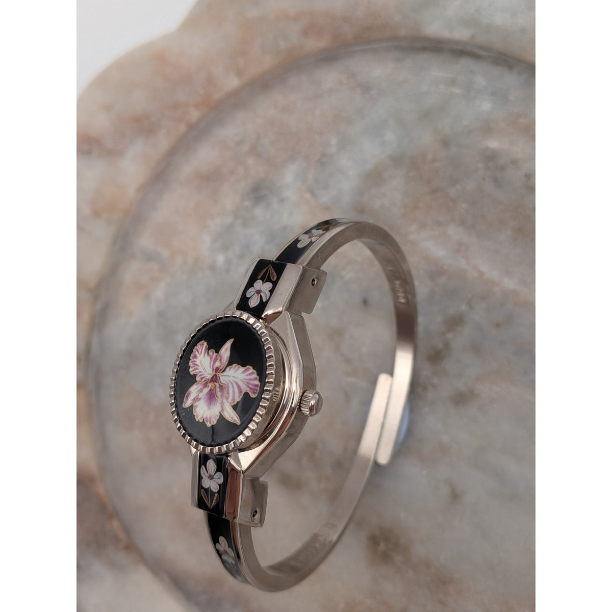 Vintage Andre Mouche Silver Tone Peekaboo Watch Black Enamel Purple Flower