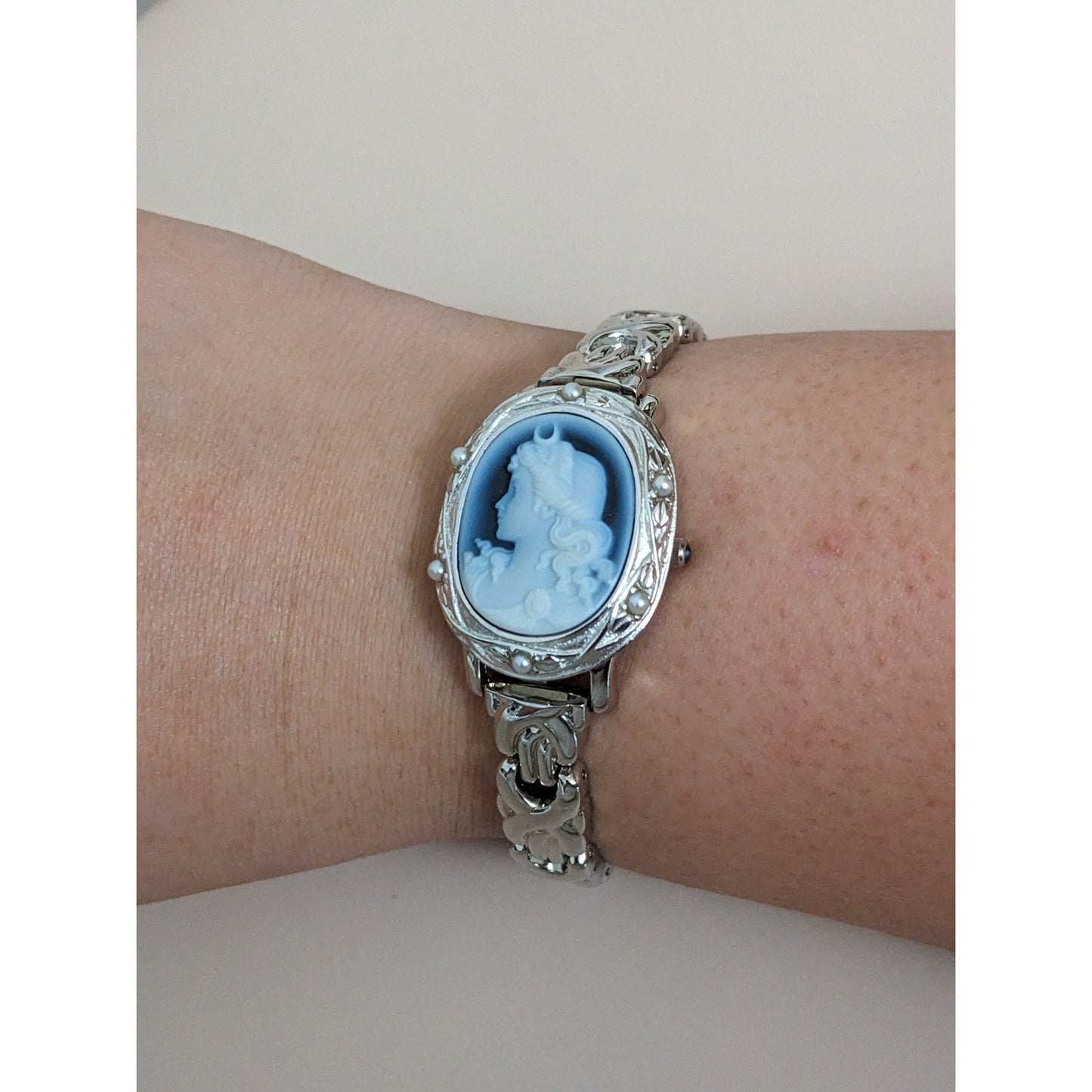 Vintage Andre Mouche Silver Tone Bangle Watch with Blue Floral Enamel Working