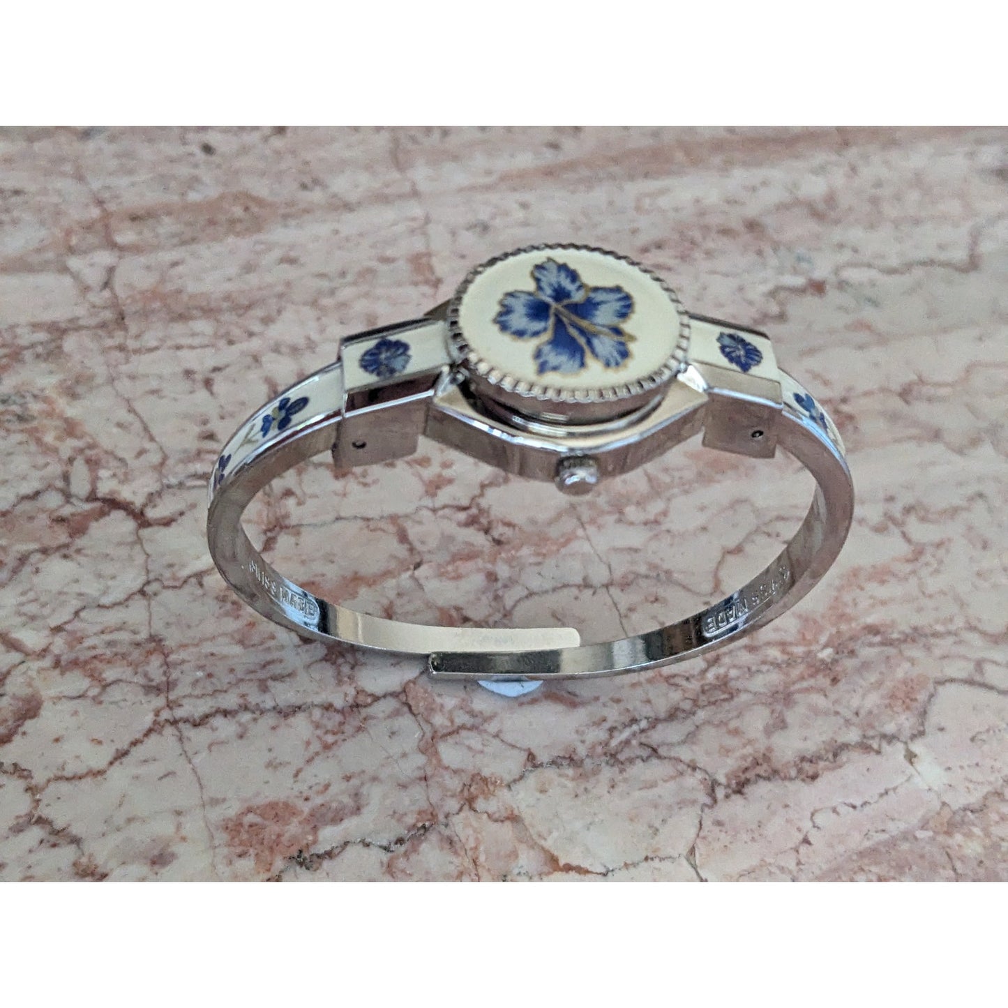 Vintage Andre Mouche Silver Tone Bangle Watch White Enamel Blue Flowers