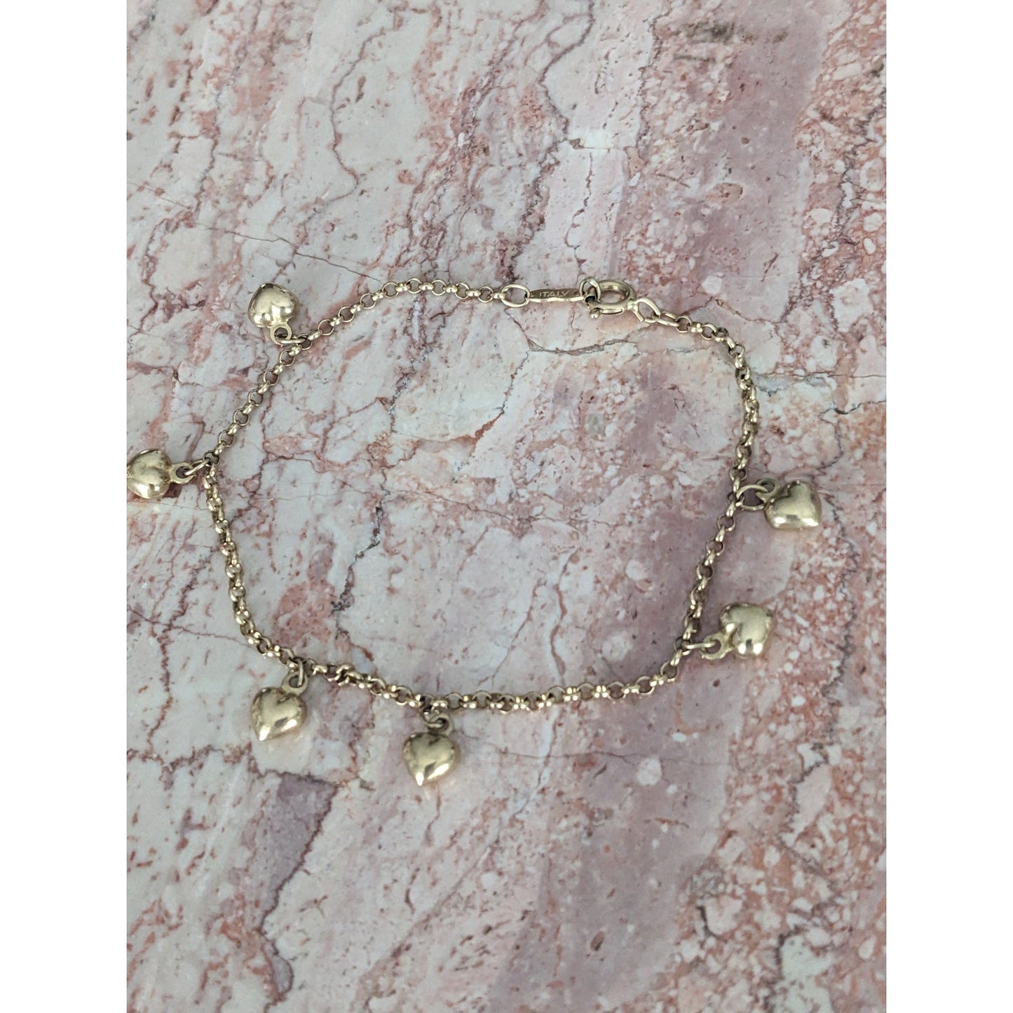 Vintage 14k Yellow Gold Dangle Heart Charm Bracelet 7.25in