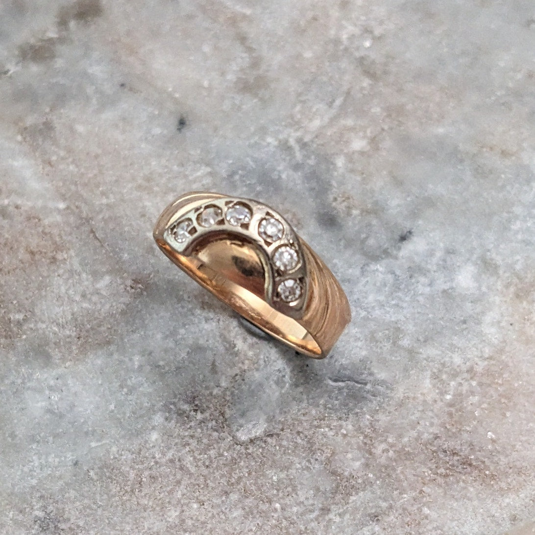 Vintage 1990s 14k Gold Half Circle White Stone Accents Ring Size 6.75