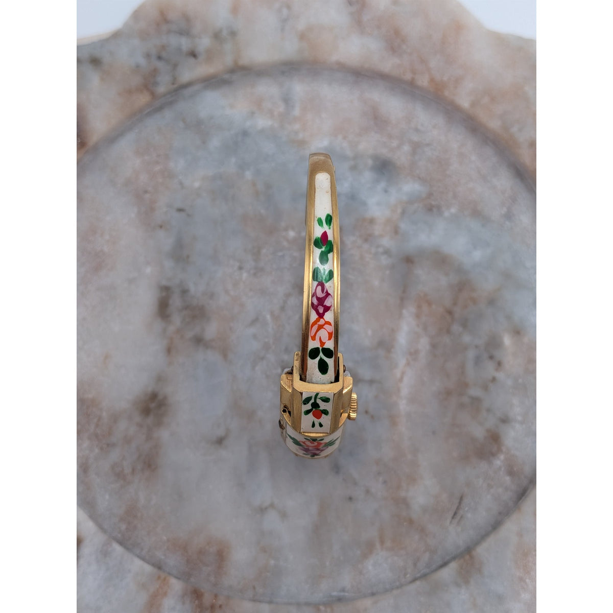 Vintage Ritma MANUAL Gold Tole Peekaboo Dainty Watch White Enamel And Flowers