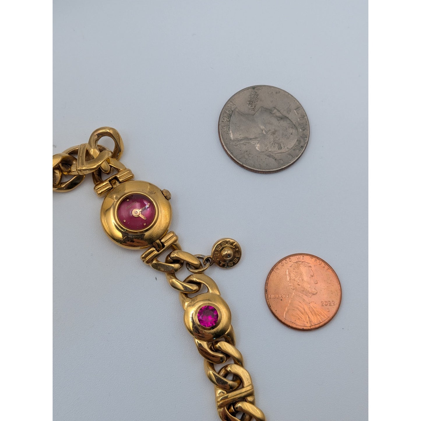 Vintage Seiko Tisse Gold Tone Cuban Link Watch with Pink Stones