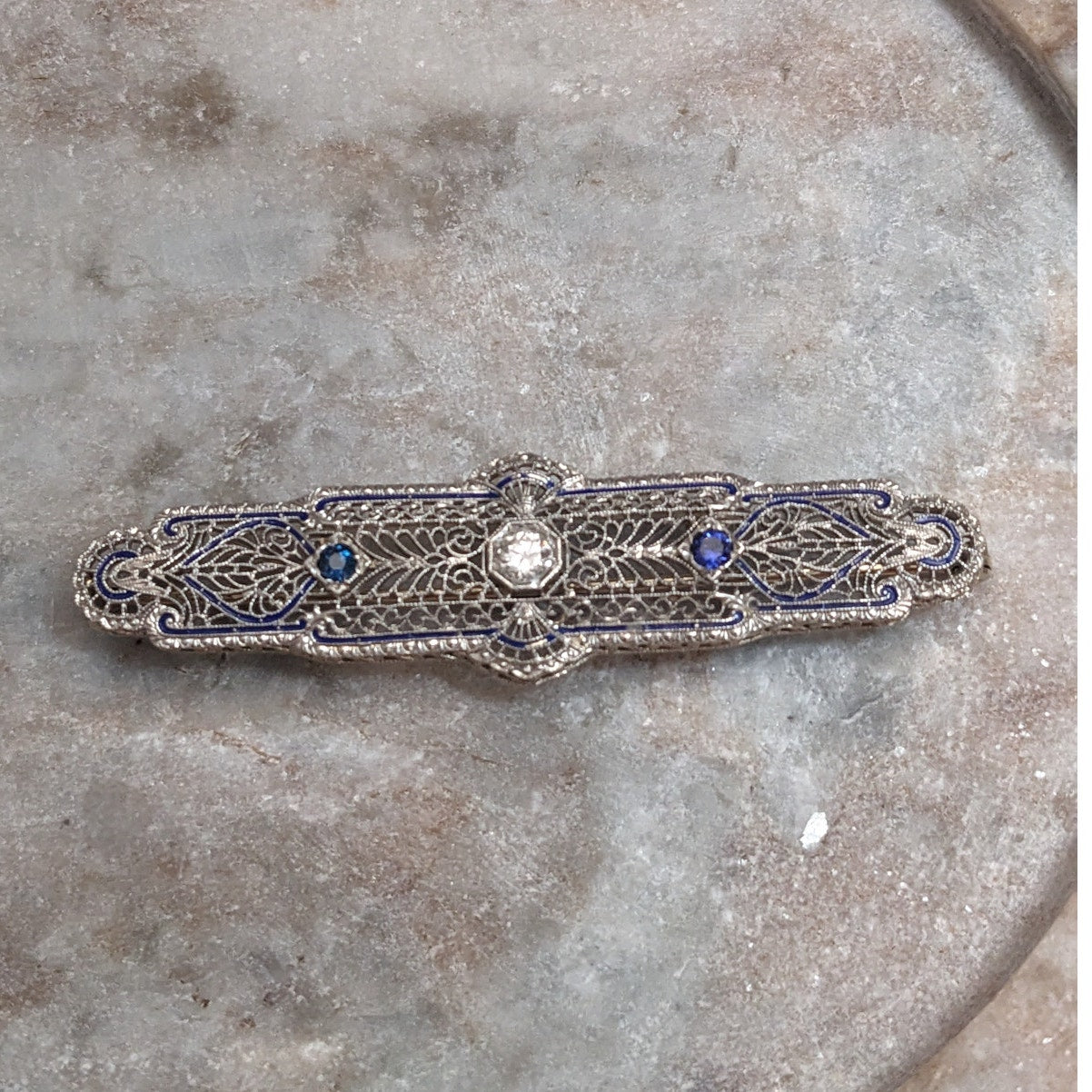Vintage 14k White Gold Filigree Blue Enamel Diamond and Sapphire Accent Brooch