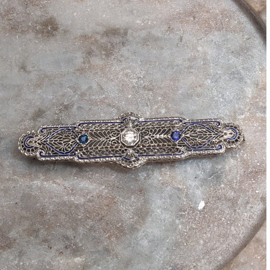 Vintage 14k White Gold Filigree Blue Enamel Diamond and Sapphire Accent Brooch