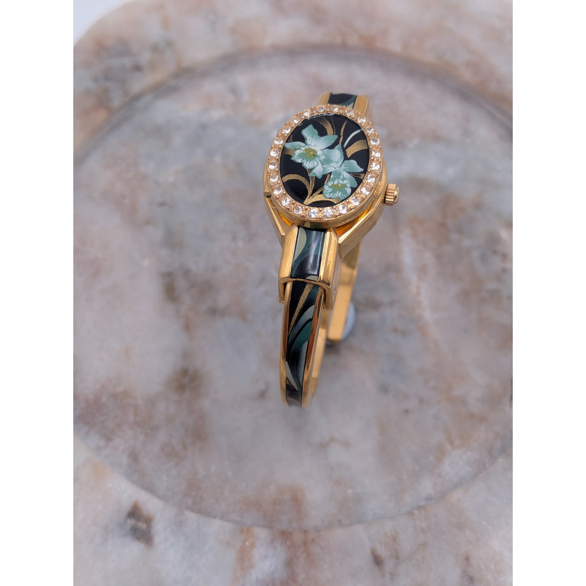 FLAW Vintage Andre Mouche Gold Tone Peekaboo Watch Green Orchid Theme