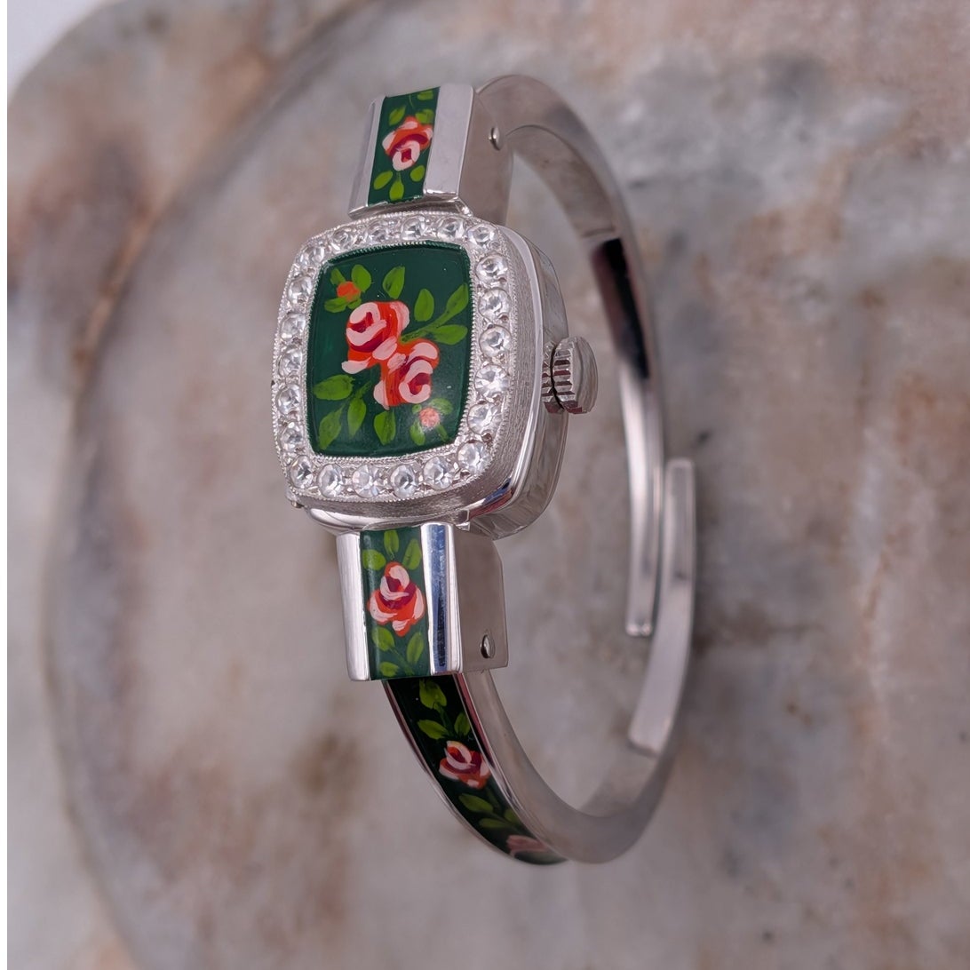 Vintage Chandler MANUAL Silver Tone Peekaboo Watch Dark Green Enamel & Flowers
