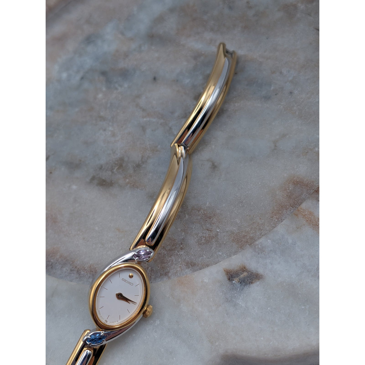 Vintage 1990s Seiko Two Tone Bangle Quartz Watch Dainty Dial Pink and Blue Stone
