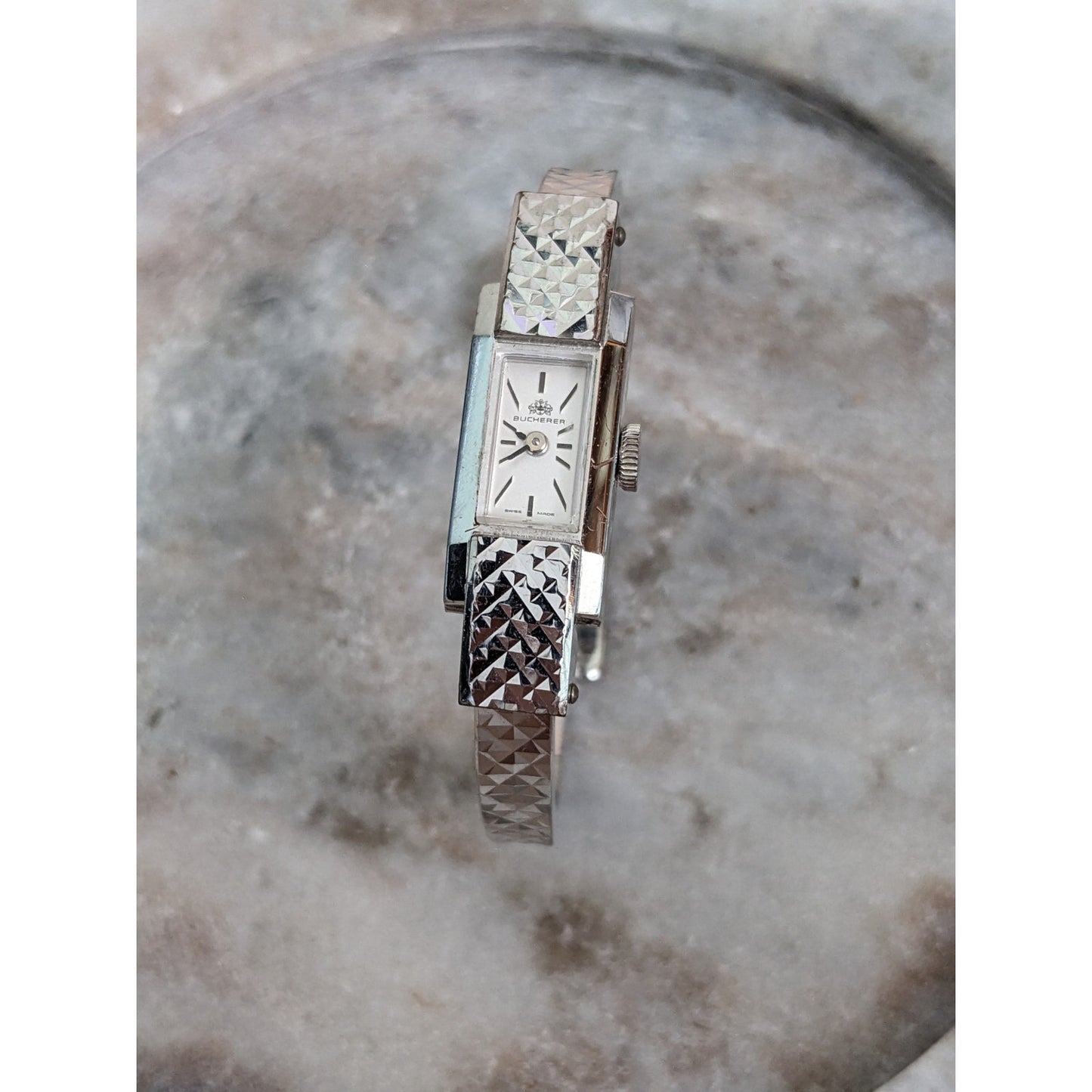 Vintage Andre Mouche Silver Tone Bangle Watch with Blue Floral Enamel Working