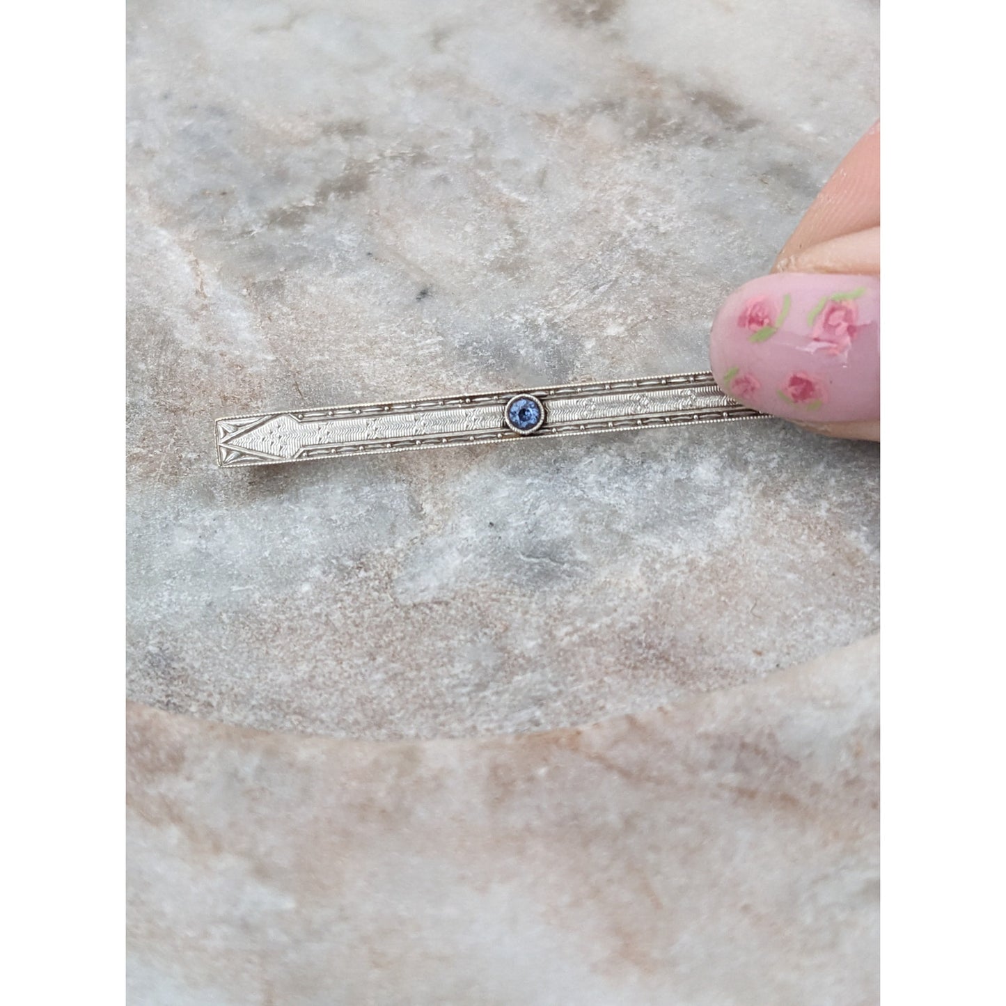 Vintage 14k White & Yellow Gold Bar Brooch with Blue Sapphire
