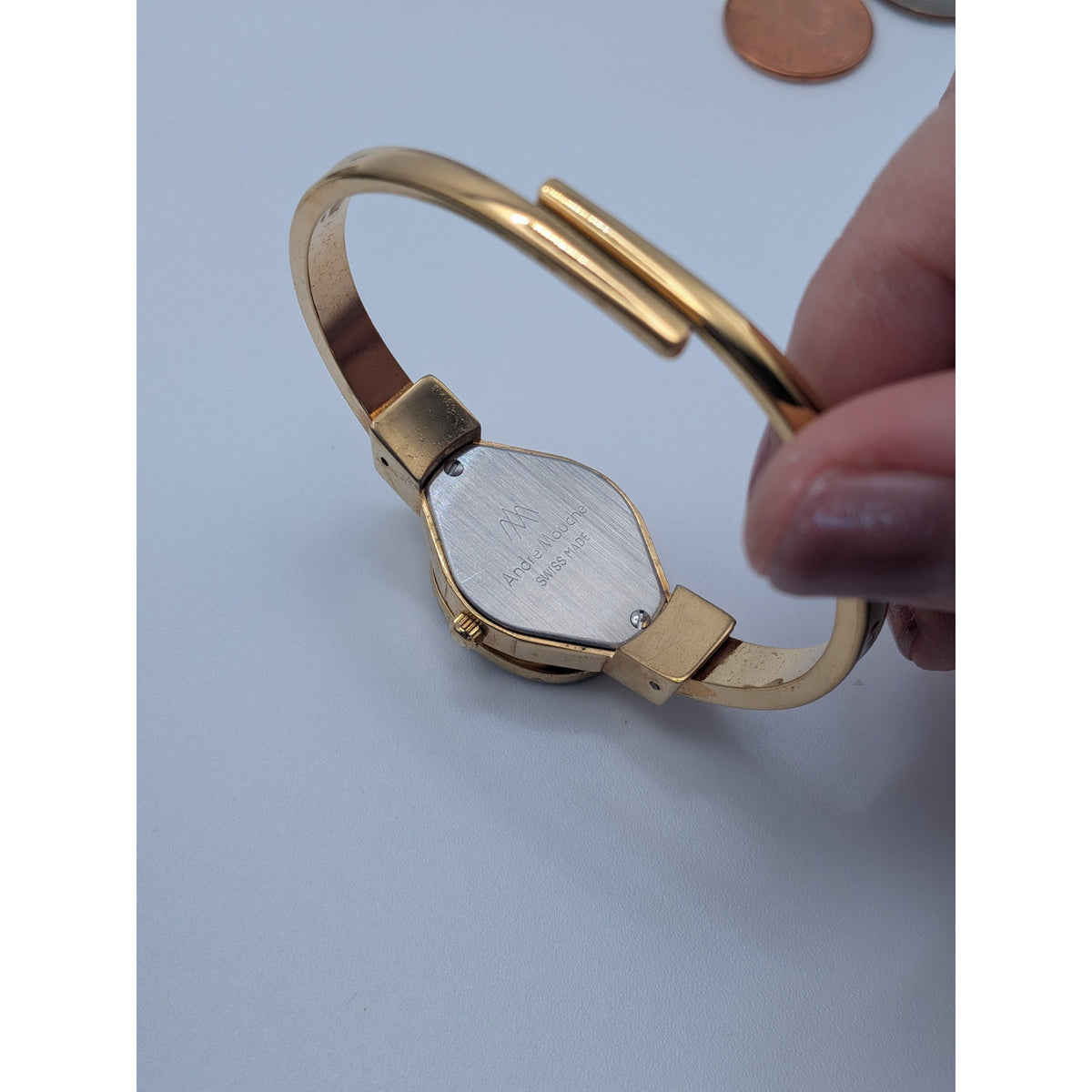 Vintage Andre Mouche Gold Tone Peekaboo Watch Cream Enamel Red Flowers & Stones