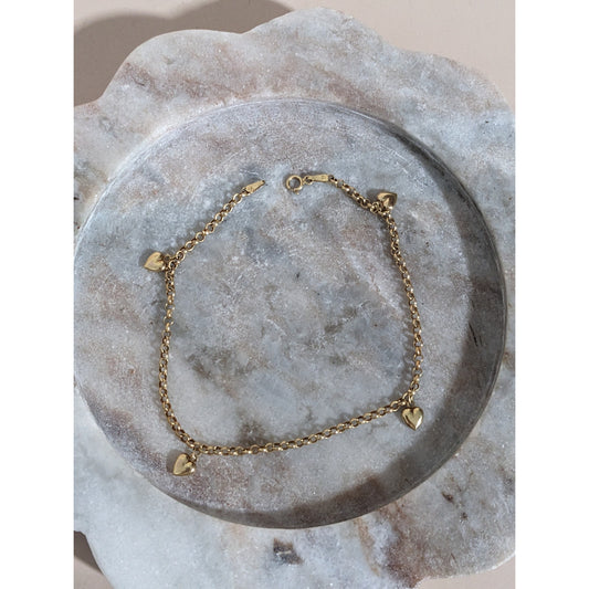 Estate 14K Yellow Gold Italy with 4 Heart Charms Ankle Bracelet 9in